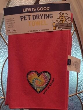 Life Is Good Coral Pet Drying Towel with Tie-Dye Heart